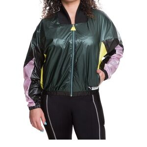 Puma Windbreaker Jacket Medium Green Black Colorblock Cropped Zip Streetwear